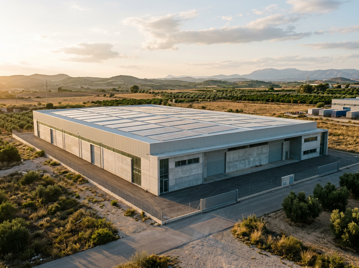 Nave industrial con placas solares en el tejado