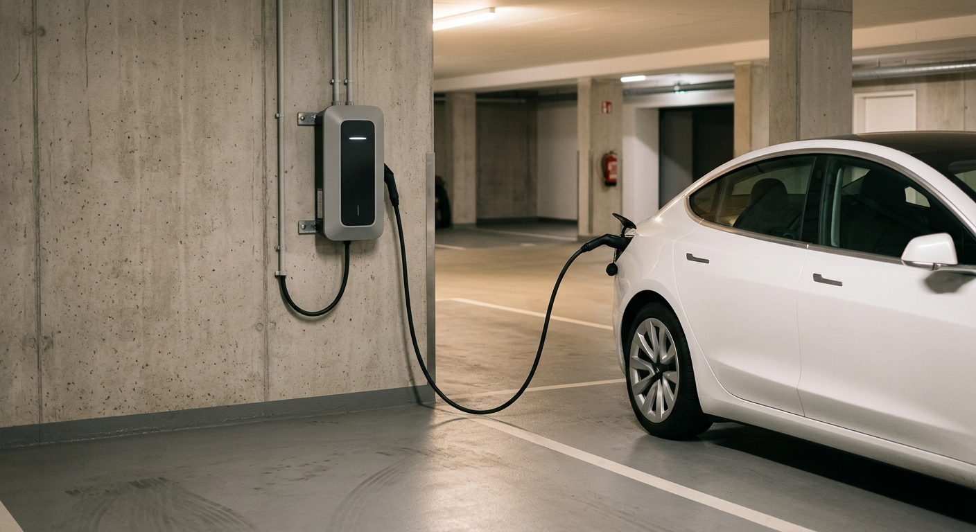 Cargador de coche eléctrico en un garaje con un coche enchufado